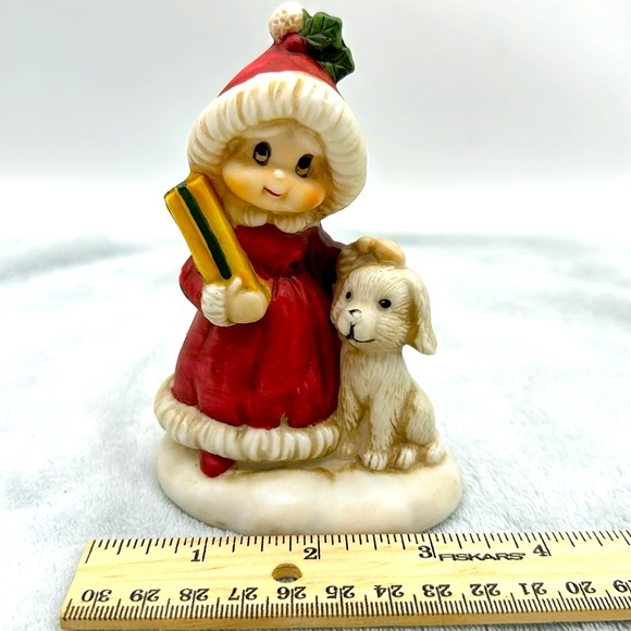 Porcelain Little Girl Dressed For Christmas with Present & White Puppy - Picture 1 of 6